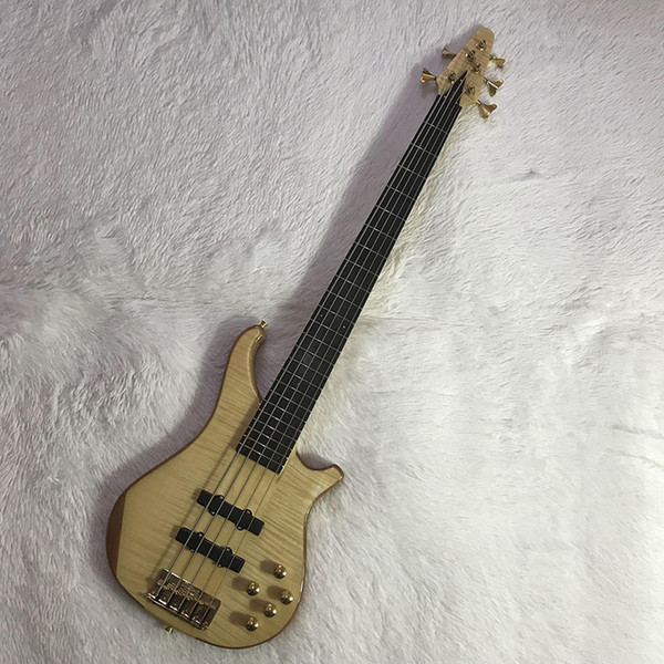 39-Inch Plain Wood-colored 5-string Electric Bass, Black Active Picker Gold Closed String Button