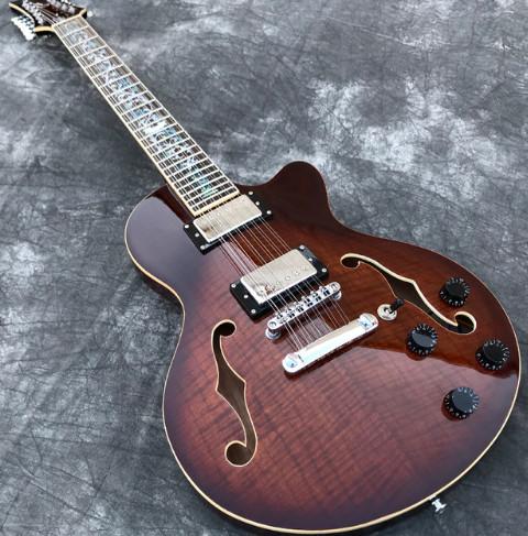 In Stock Grote 12 Strings Semi Hollow body Electric Guitar with F holes Flame Maple top,Abalone Flower inlaid fretboard guitarra