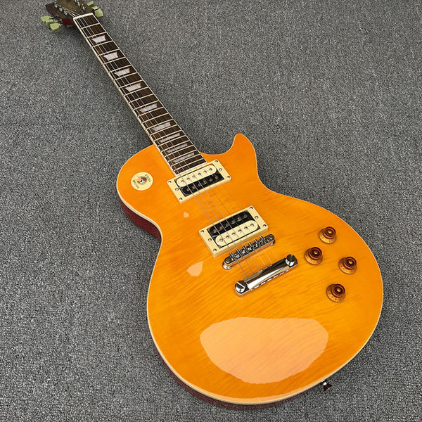 Zebra pickup,Standard Electric Guitar,Solid Mahogany body With Lemon yellow Flamed Maple Top,Chrome Hardware,free shipping!