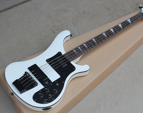 Factory Custom White Electric Bass Guitar with 4 Strings,Black Pickguard,Rosewood Fingerboard,Black Hardwares,Offer Customized