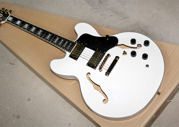 Wholesale White Hollow Body Electric Guitar with Gold Hardwares,Black Pickguar,Rosewood Fretboard,Offer customized as you requet