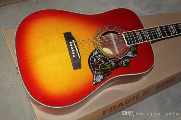 Spruce Top 41 Inches Humming Cherry Sunburst Vintage Acoustic Electric Guitar, Split Parallelogram Inlay, Red Pickguard, Fishman Pickups