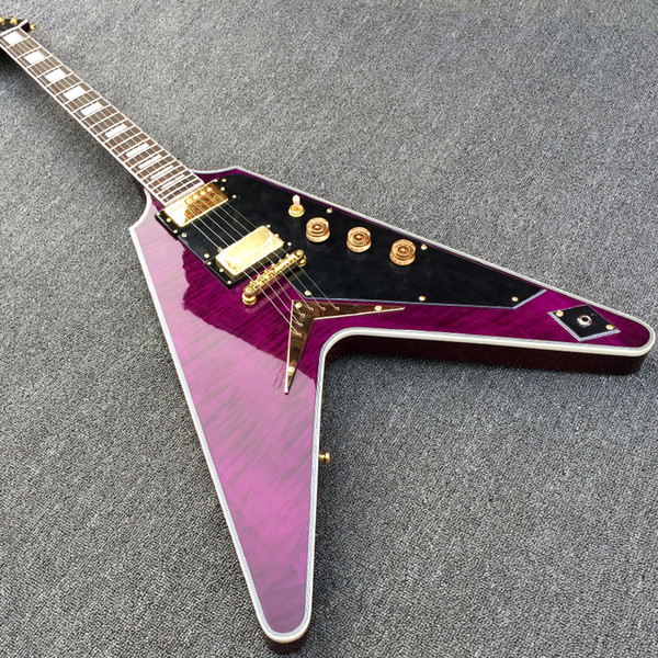 Custom Trans Purple Flame Maple Top Flying V Electric Guitar String Thru Body Bridge Black Pickguard Gold Hardware White MOP Block Inlay