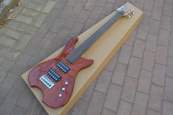 new Big John 6 strings electric bass guitar in natural with zebra wood body and passive pickup BJ-74