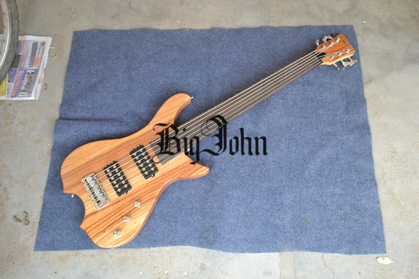 new Big John 6 strings fretless electric bass guitar in natural with zebra wood body and passive pickup F-3312