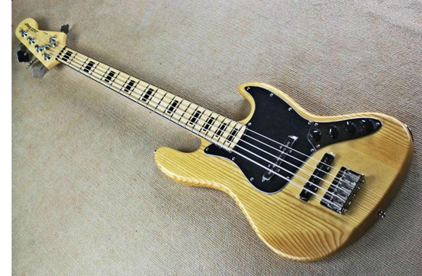 Factory wholesale GYJB-5019 original wood color solid ASH body with black Plate 5 strings Jazz Bass Guitar, Free shipping