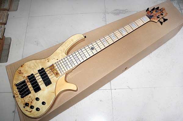 Factory Custom 5 Strings Natural Wood Color Electric Bass Guitar,Black Hardwares,Maple Fingerboars,Offer Customized