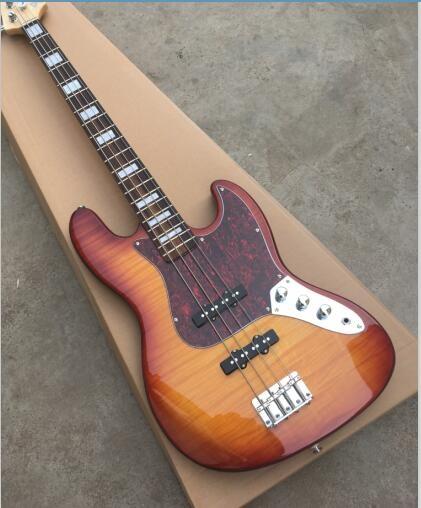 4 strings Electric Bass guitar, with Red Pearl pickguard, Flame Maple top, Vintage Sunburst color, Real photo shows