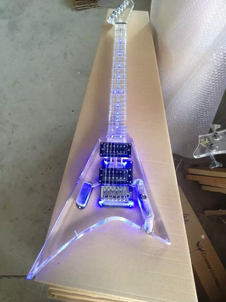 New Arrival TOp Quality Full Transparent Crystal Electric Guitar with Blue LED Color Acrylic Electric Guitar