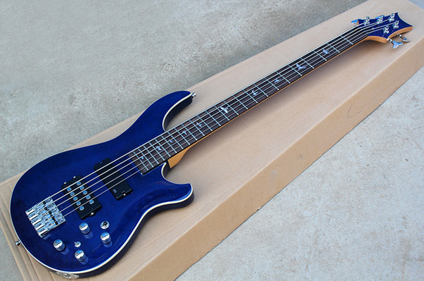 Factory Custom 5 Strings Blue Electric Bass Guitar with Chrome Hardware,Bird Fret Inlay,White Binding,Offer Customized