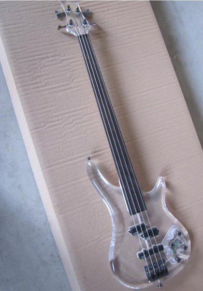 Top Quality Factory Custom 4 string crystal electric bass transparent acrylic Body with LED light Real photo shows