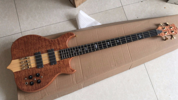 in stock 4 strings bass guitar;mahogany body with quilted maple top,thr maple neck with black stripes;