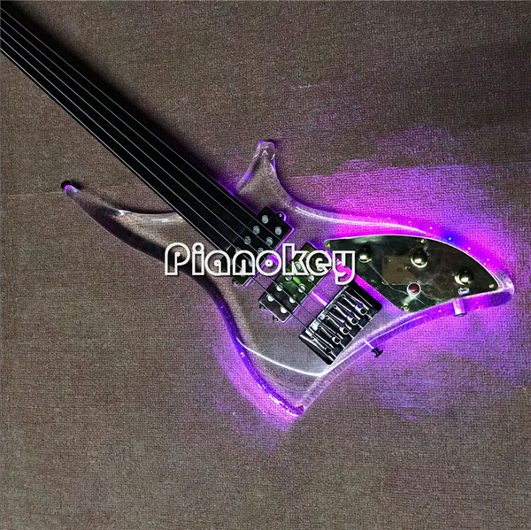 Transparent body 5 string bass guitar,no fret marker,Ebony fretboard electric bass guitar with LED light,China made bass guitar