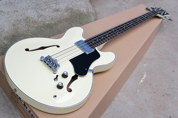 Factory Custom Cream Semi-hollow Electric Bass Guitar with 4 Strings,Rosewood Fretboard,Chrome Hardwares,Can be customized