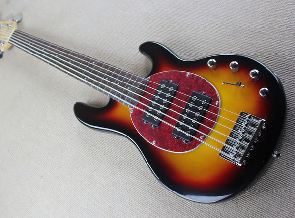 Free shipping!wholesale Factory High Quality Tobacco Sunburst Electric Bass Guitar with 6 String,Chrome Hardware,Red Pearl Pickguard,0406