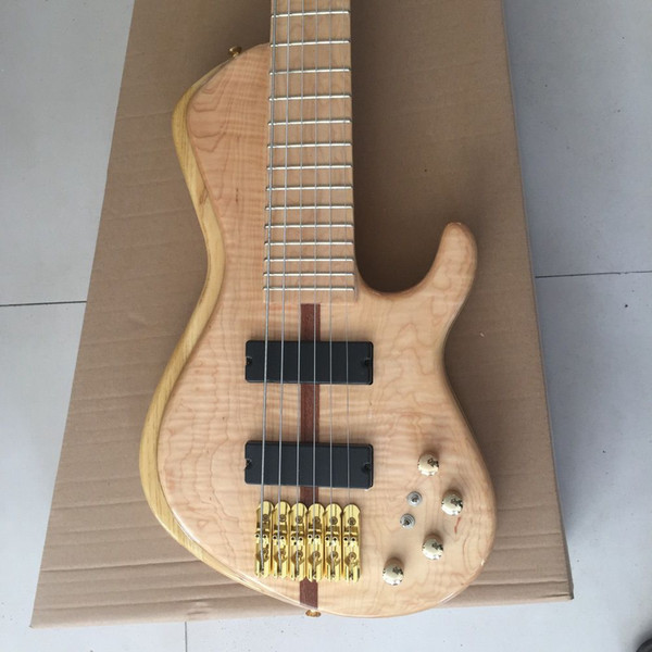 New Custom 6 strings Electric Guitar Bass Flamed Maple Top Neck Thru Body Gold Hardware 24 Frets Active Pickups Chinese bass Factory Outlet