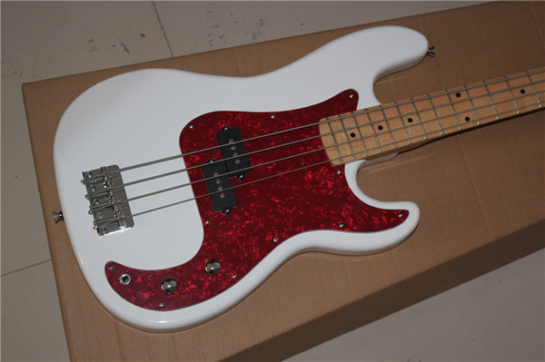 2019 hot sales of white bass guitar, red guard board, free shipping! High quality guitar custom shop!