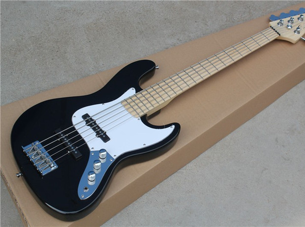 Black 5-string Electric Bass Guitar with White Pickguard,Maple Fingerboard,Chrome Hardwares,Offer Customized