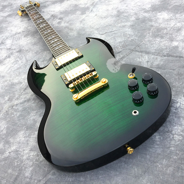 Free delivery, new premium electric guitar, front green flame top, back black, rosette fingerboard, gold hardware, customizable