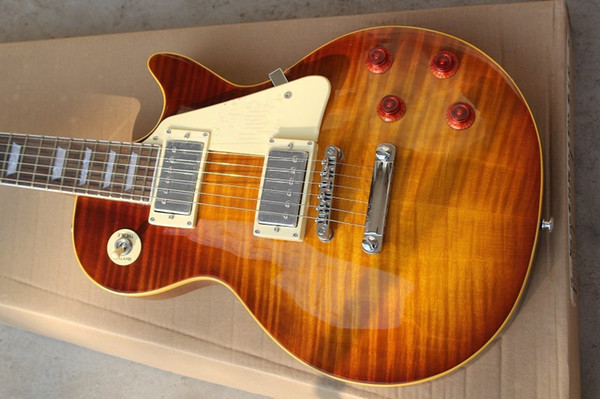 Tiger Flame Maple Top Custom Shop Brown Standard Mahogany Body No Scarf Neck 1959 R9 Electric Guitar Free Shipping