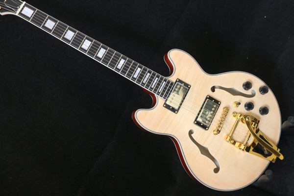 Best Electric guitar,335 Jazz Guitar,Semi Hollow Body Guitar with Tremolo, Spalted+Flame Maple Top,Gold Hardware