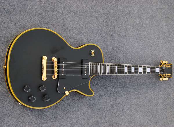 Matte black color custom electric guitar,yellow binding,ebony fretboard,P90 pickups guitars,free shipping