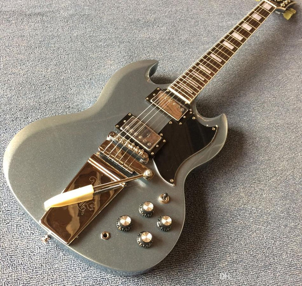 Custom Shop Big Sparkle Metallic Grey SG Electric Guitar Long Version Maestro Vibrola Tremolo Bridge, Black Pickguard, Chrome Hardware