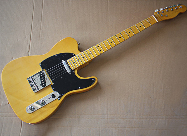 Factory wholesale custom yellow basswood electric guitar with black pickguard,Yellow maple neck and fretboard,Chrome hardwares