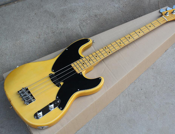 free shipping Factory custom Yellow Electric Bass Guitar with 1 Pickup,Black Pickguard,Maple Fretboard,4 Strings,21 Frets,offer customized