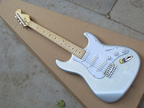 Free shipping New St Stratocaster 6 string silver Electric Guitar in stock, noise reduction pickup in USA