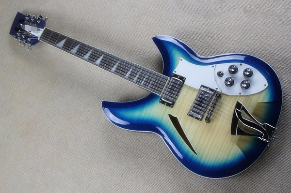 Custom factory 12 string blue electric guitar body with R bridge signal, white guard, chrome hardware, can be customized