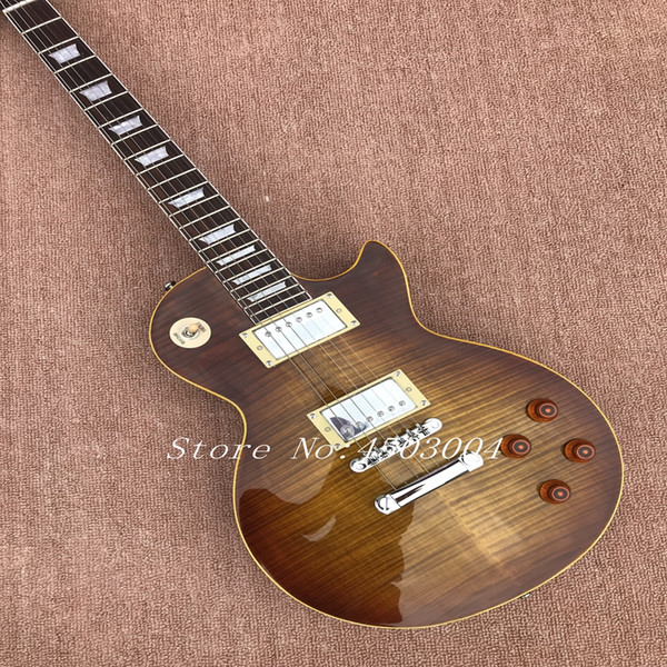 One piece Body & Neck, 1959 R LP Electric guitar with Tobacco burst Flame Maple top, Yellow binding, All color are Available!