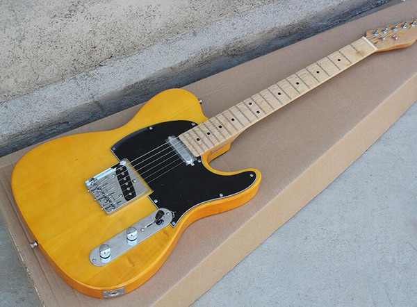 Factory Yellow Electric Guitar with Black Pickguard,Maple Fretboard,Chrome Hardware,22 Frets,Can be customized free shipping