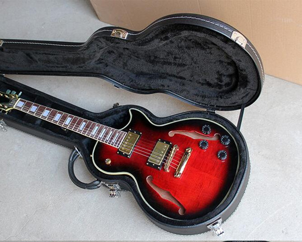 free shipping Red color Semi-hollow Electric Guitar with Mahogany Body and Neck,Gold Hardware,with Hardcase,Offer Customized