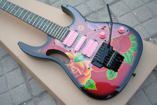 China RG77 Steve Vai Guitar Flower Pattern Electric Guitar Green Vine Fingerboard Inlay Black Floyd Rose Tremolo HSH Pink Pickups