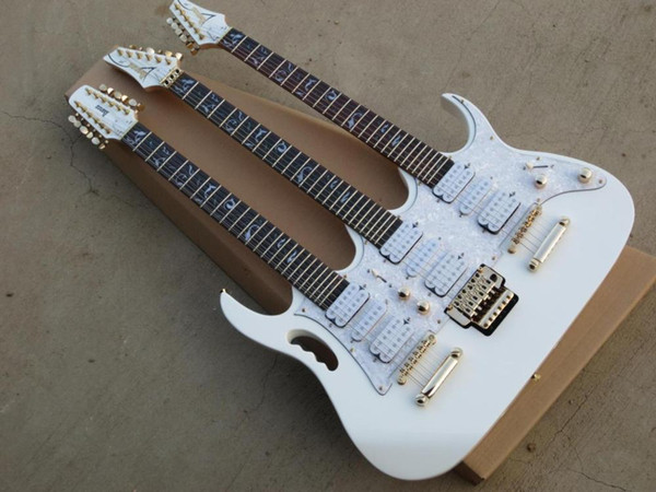 Wholesale 3 Neck White JEM 7V Triple Neck 6/6/12 string white electric guitar gold hardware WITH hardcase