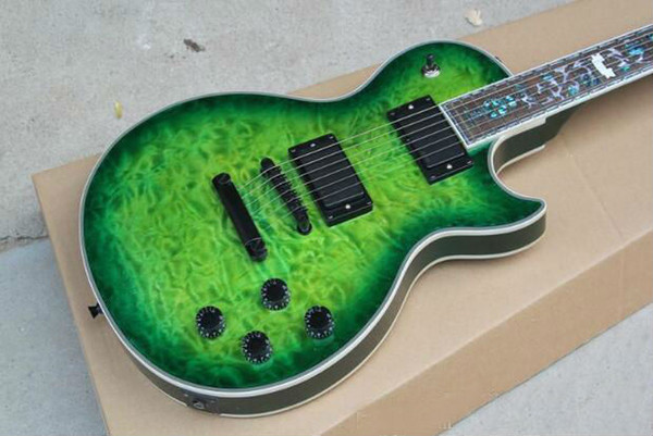 Electric Guitar with Green Body,Quilted Maple Veneer,White Binding,Flower Fret Marks Inlay,Can be Customized