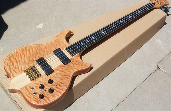 Special system natural wood color 4-string bass electric guitar. With gold hardware, flame maple veneer, can be customized. Real photo displ