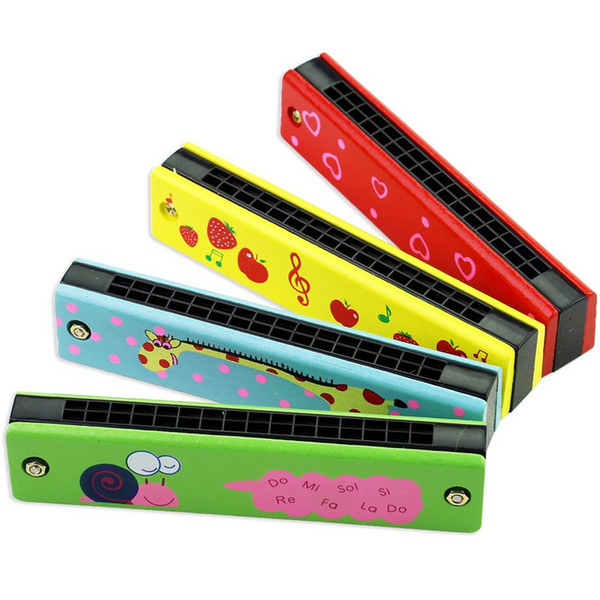 SAGITAR Wooden Harmonica for Children Toys 16 Holes Double-Row Blow Cartoon Color Woodwind Mouth Harmonica Melodica