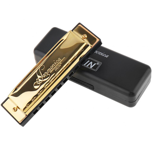 10 Hole 20 Tone Gold Blues Harmonica Key of C Mouth Organ with Black Storage Box