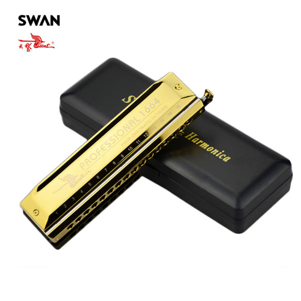 Swan High-end Chromatic Harmonica 16 Holes 64 Tones Gold Laser Proceeded Woodwind Musical Instrument Swan Harmonica SW1664-3