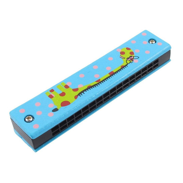 Wooden giraffe pattern dual series 32 hole harmonica child blue