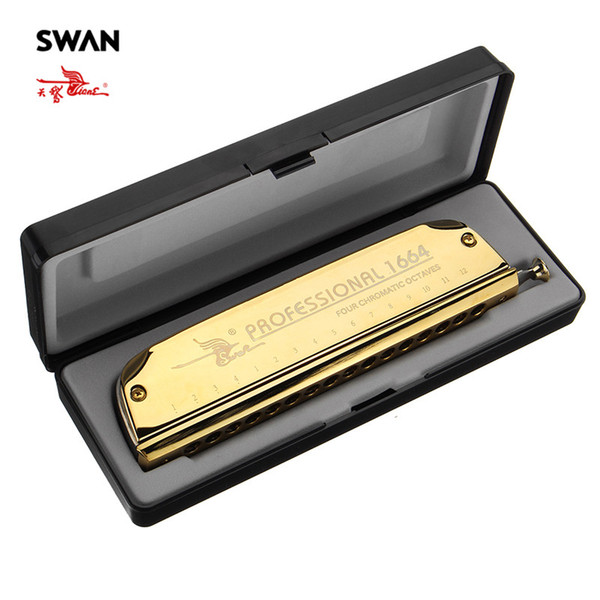 Swan SW1664-5 Gold 16 Holes 64 Tones melodica Chromatic Harmonica In Plastic Box High End Boat Shape Harps Mouth Organ Musical