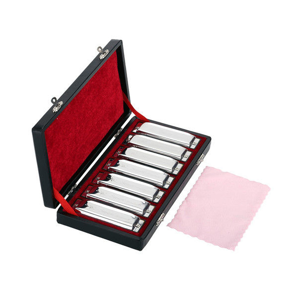 SWAN 10 Hols Harmonica Harp Blues Harmonica Diatonic 7 Piece (A-G) W/ Set Exquisite Box + Wipes