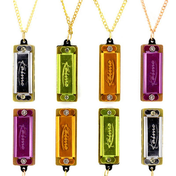 Mini 4 Hole 8 Tone Harmonica Metal Necklace Design Chain Toy Gift Color Random