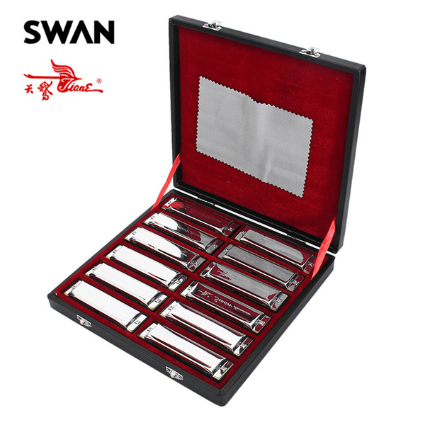 Swan 12PCS/Set 10 Holes Blues Harmonica Set 12 Keys ABCDEFG Ab Bb Db Eb Gb Key Musical Instruments Diatonic Harps SW1020-12T