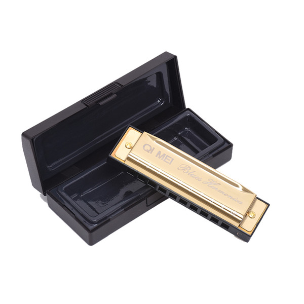 QIMEI Harmonicas 10 Holes 20 Tone Key of C Golden Color Blues Jazz Rock Folk Music Musical Instrument Diatonic Harp YX10A-4