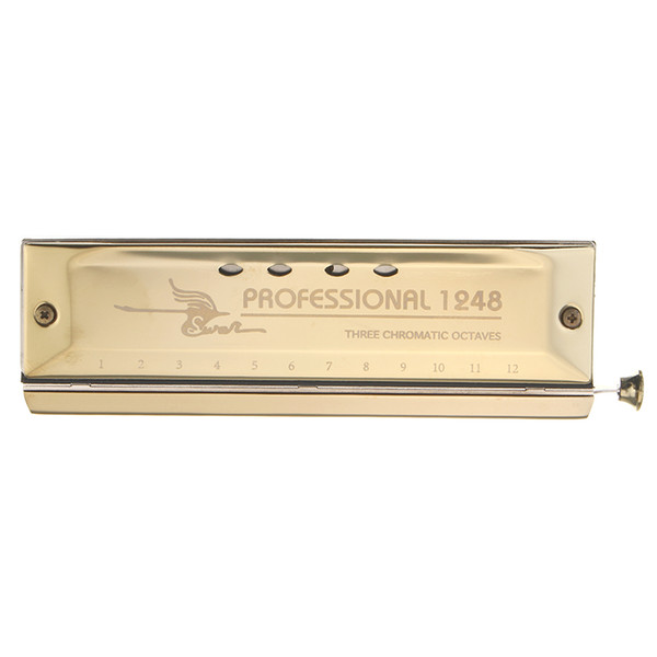 Swan 12 Holes 48 Tone Chromatic Harmonica Gold Color Laser Proceeded Board Musical Instrument Teaching Performing Harp Accessory