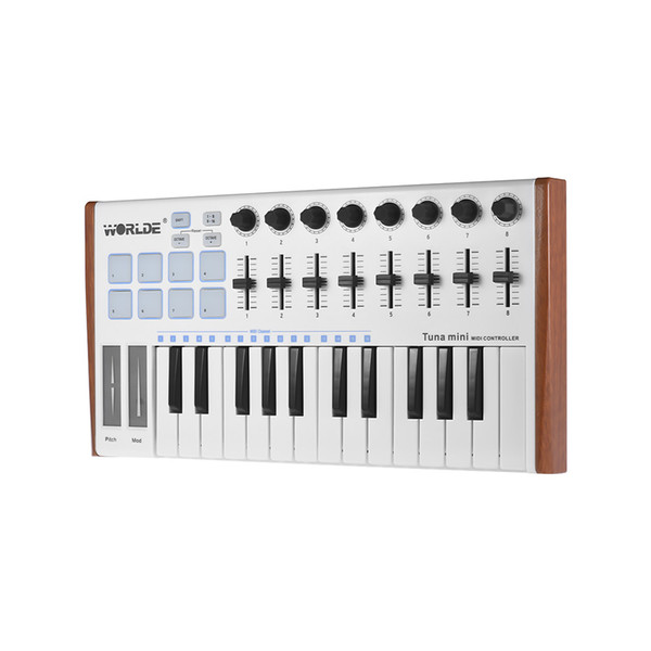 WORLDE TUNA MINI Ultra-Portable 25-Key USB MIDI Keyboard Controller 8 RGB Backlit Trigger Pads with 6.35mm Pedal Jack