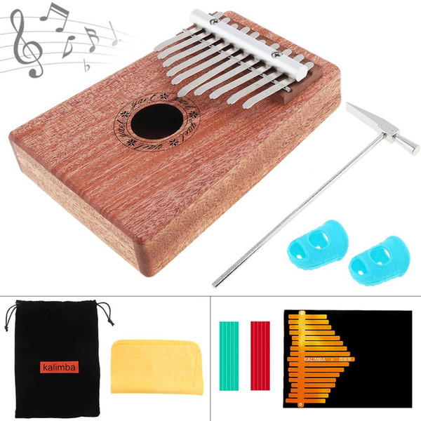 10 Key Kalimba Solid Mahogany Thumb Finger Piano Mbira Natural Mini Keyboard Musical Instrument with 6pcs Accessories